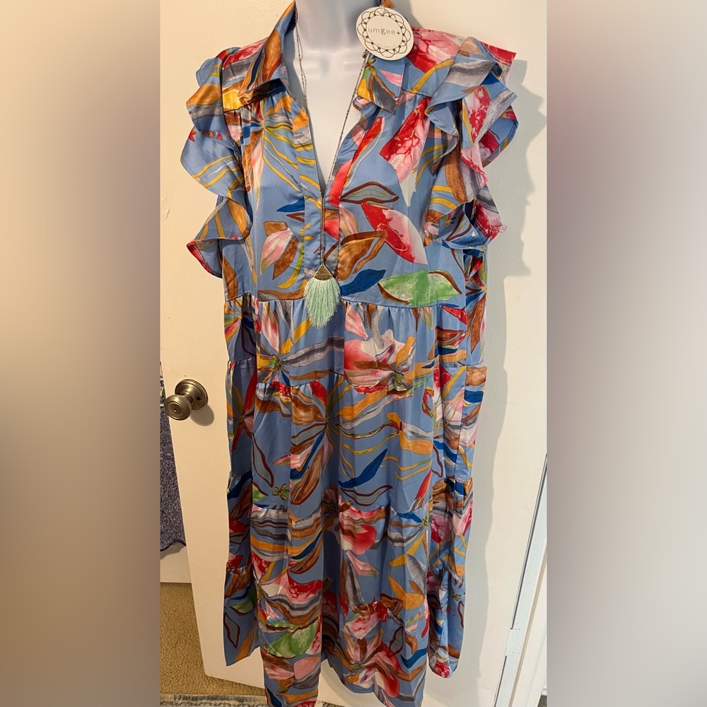 Umgee Blue Floral Ruffle Midi Dress with Multicolor Print